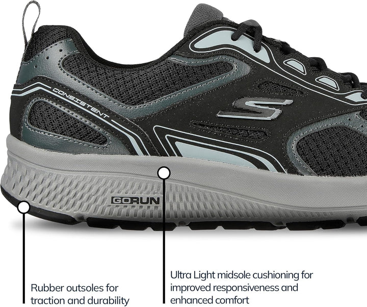 Skechers Herren Go Run Consistent Sneaker 43 EU Black Leather Synthetic Gray Trim, 43 EU Black Leath