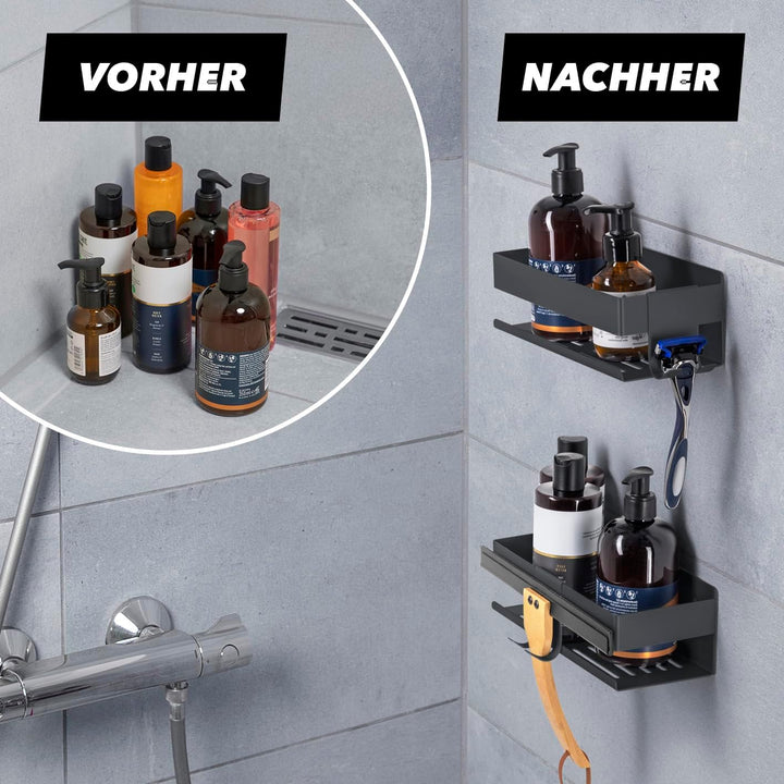 BENKSTEIN Duschablage 2er-Set | Duschregal – zum Kleben oder Bohren | Duschkorb zum Hängen – ohne Bo