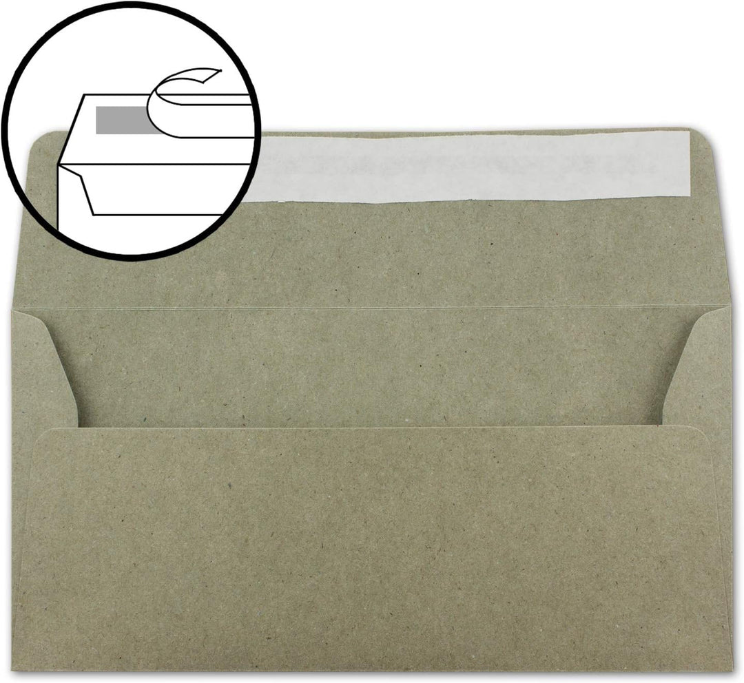 200x Kraftpapier Umschläge DIN Lang - Grau ÖKO - Haftklebung 11 x 22 cm - 120 g/m² breite Lasche - V