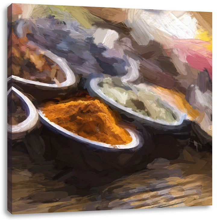 Pixxprint Gewürzvielfalt auf Holztisch als Leinwandbild/Grösse: 70x70 cm/Wandbild/Kunstdruck/fertig