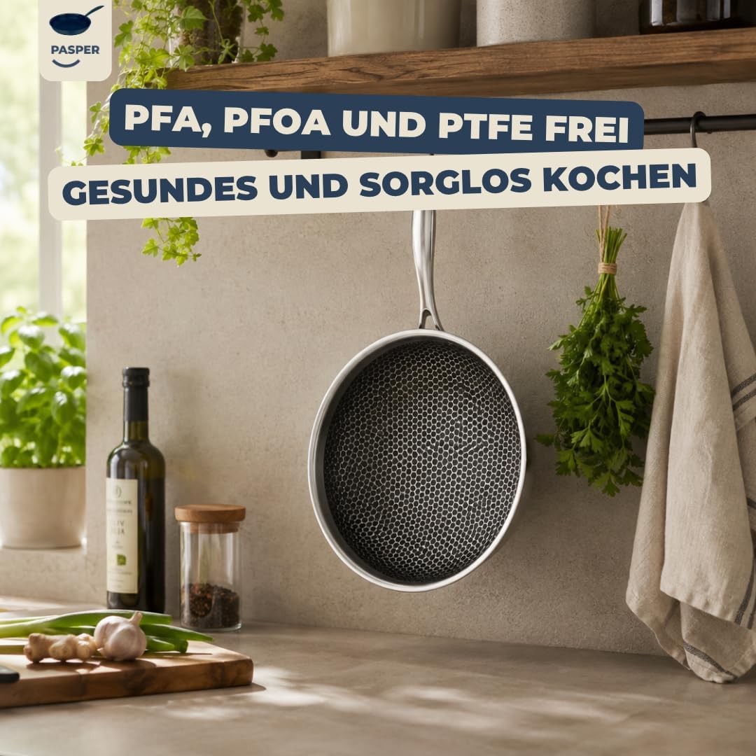 Wokpfanne Ø 28 cm – PFAS-frei – Induktion, Elektro, Keramik, Gas &amp; Backofen – Edelstahlpfanne mit kr