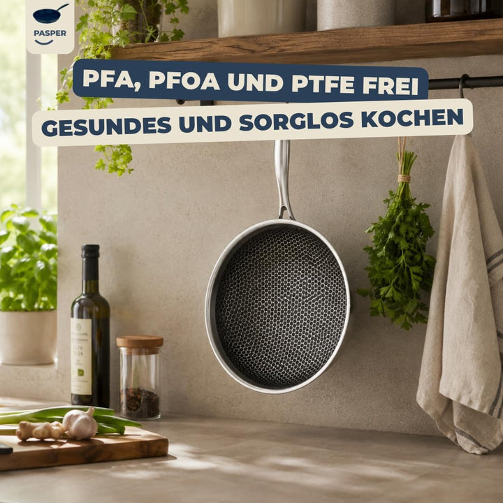Wokpfanne Ø 28 cm – PFAS-frei – Induktion, Elektro, Keramik, Gas &amp; Backofen – Edelstahlpfanne mit kr