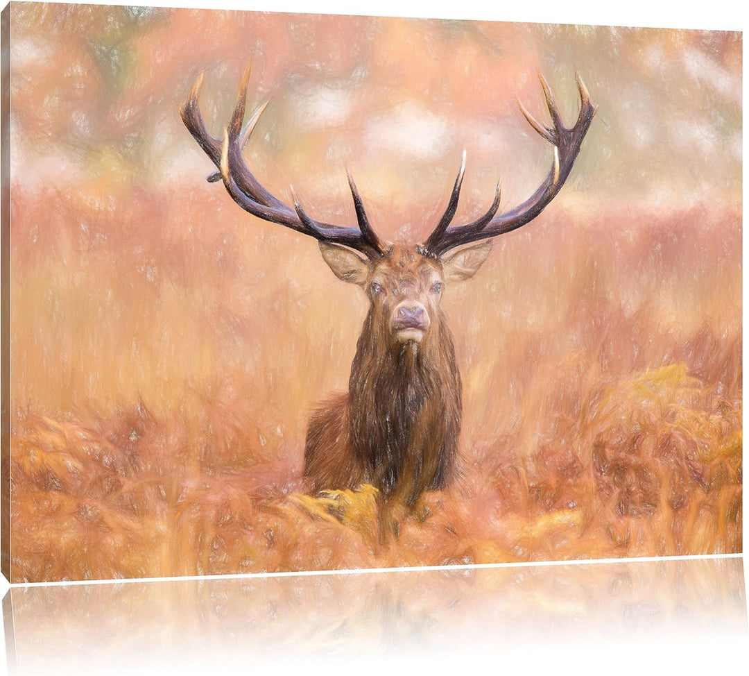Pixxprint Hirsch im Feld als Leinwandbild/Grösse: 100x70 cm/Wandbild/Kunstdruck/fertig bespannt, 100