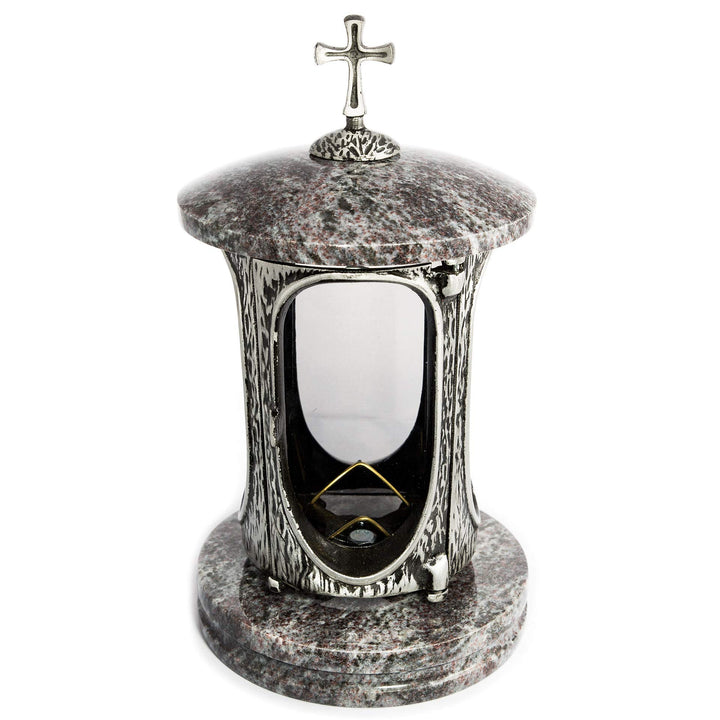 Stilvolle Grablaterne Anthrazit mit Kreuz Granit Orion hell Höhe 27 cm/Ø 15 cm Grableuchte Grablicht