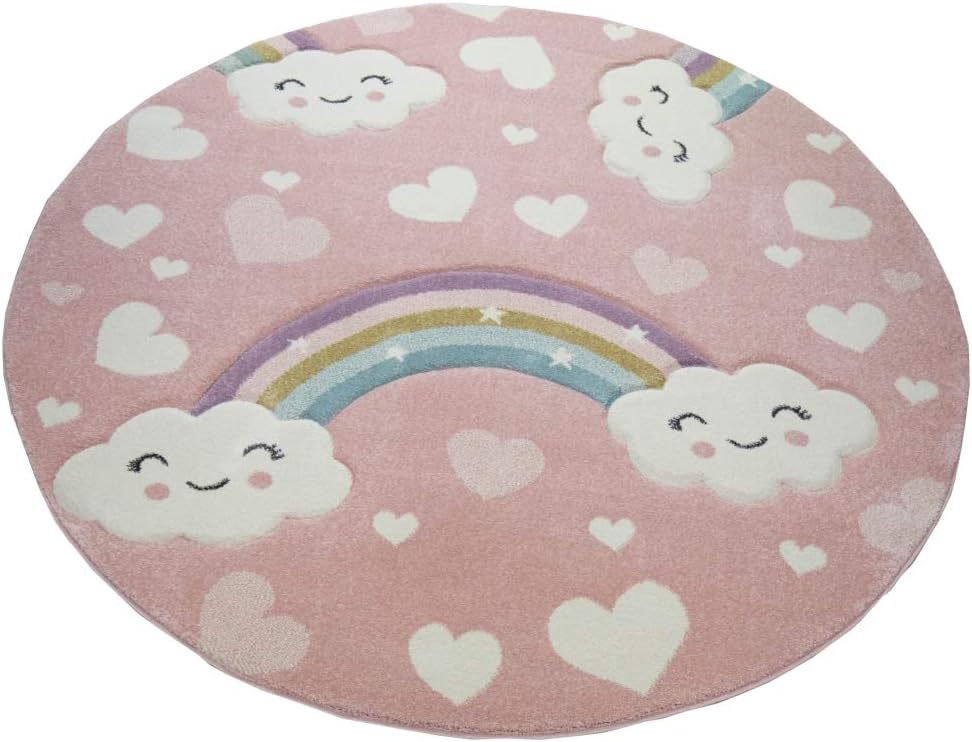 Teppich-Traum Kinderteppich Kinderzimmerteppich Regenbogen mit Wolken und Herzen in rosa Grösse 160x