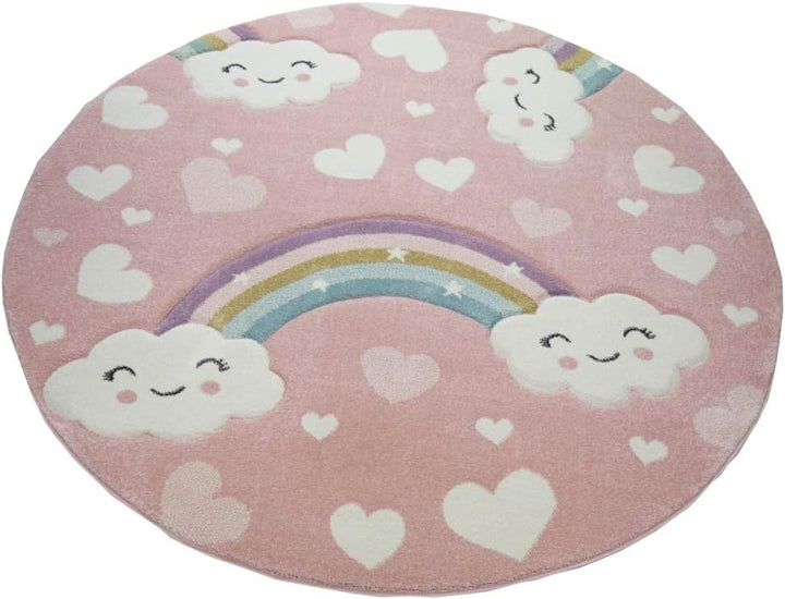 Teppich-Traum Kinderteppich Kinderzimmerteppich Regenbogen mit Wolken und Herzen in rosa Grösse 160x