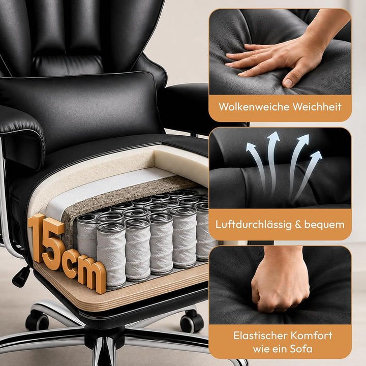 Ergonomischer Chefsessel Bürostuhl Gaming Stuhl Hochlehner mit Fussstütze &verstellb. Lendenstütze,