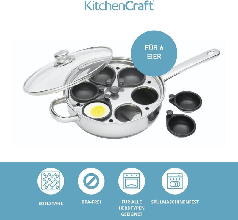 KitchenCraft Eierpochierpfanne mit Antihaftbeschichtung, induktionssicher, Edelstahl, für 6 Eier, 26