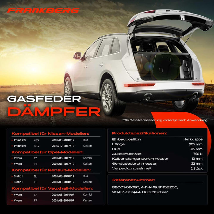 Frankberg 2x Gasfeder Dämpfer Heckklappe Kompatibel mit Primastar Bus Kasten X83 2001-2014 Vivaro Co