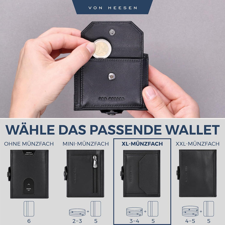 VON HEESEN Slim Wallet mit XL Münzfach & RFID Schutz - Leder Geldbörse Herren klein - Mini Geldbeute