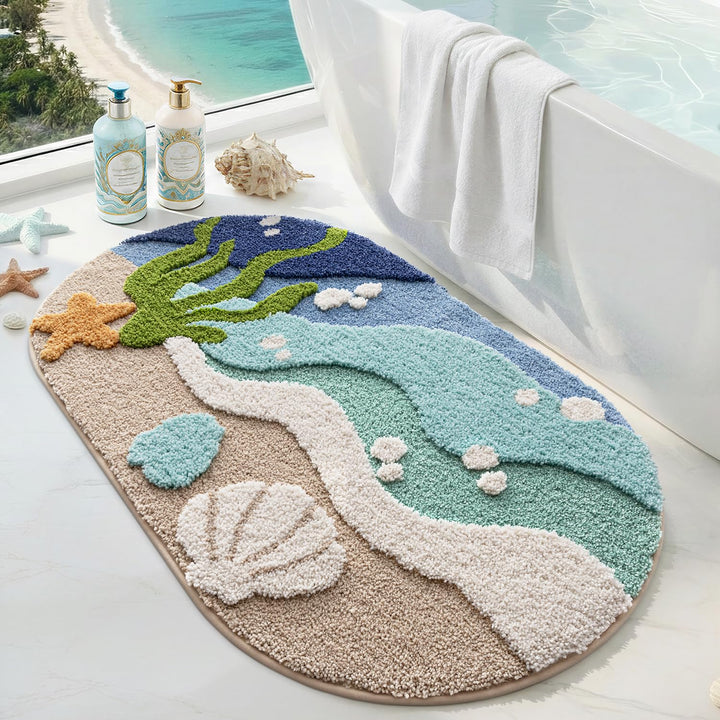 DEXI Ovale Badezimmerteppich 61 x 110 cm, Badematte rutschfest Absorbierende mit Seestern-Strand Mus