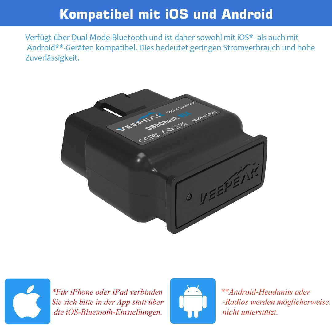 Veepeak OBDCheck BLE Bluetooth 4.0 OBD II Diagnosegerät Auto Diagnose Codeleser Scanner kompatibel m