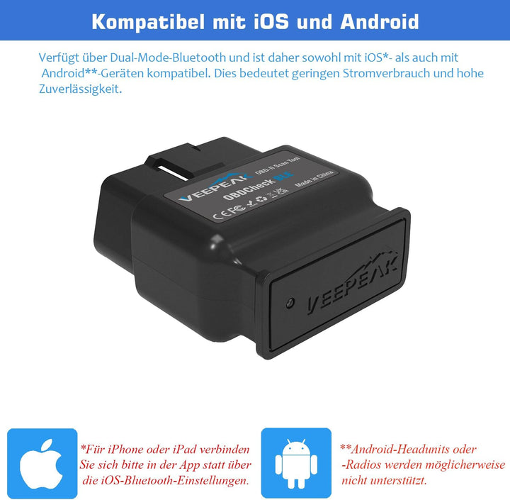 Veepeak OBDCheck BLE Bluetooth 4.0 OBD II Diagnosegerät Auto Diagnose Codeleser Scanner kompatibel m