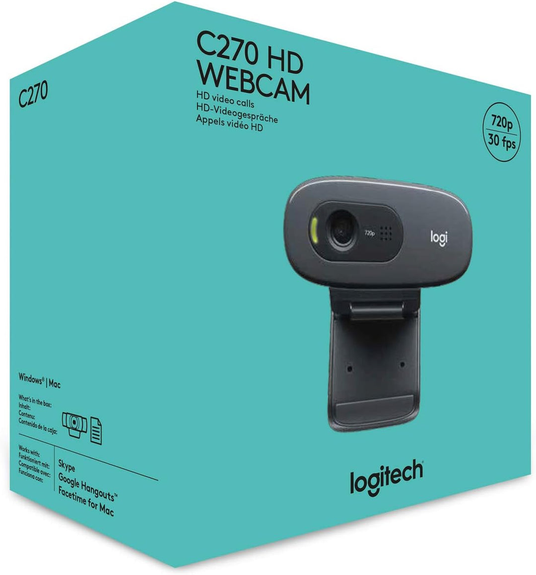 Logitech C270 Webcam, HD 720p, 60° Sichtfeld, Fester Fokus, Belichtungskorrektur, USB-Anschluss, Rau