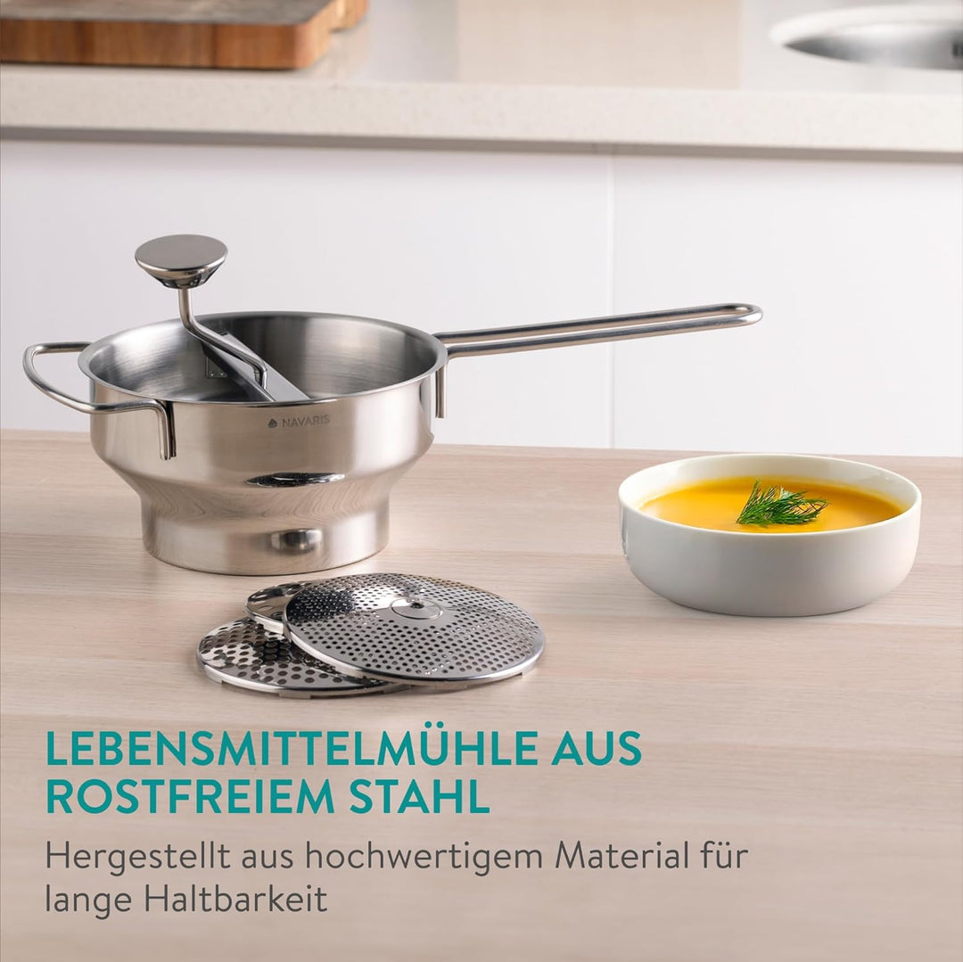 Navaris Passiergerät aus Edelstahl mit 3x Siebeinsatz - Passiermühle für Suppe Marmelade Baby Brei S
