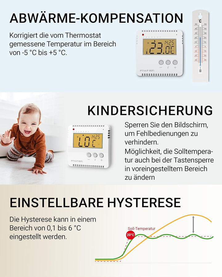 Elektrobock Smart WLAN Thermostat PT14-P-WIFI, Heizungssteuerung per APP, Aufputzmontage, 16 A Weiss