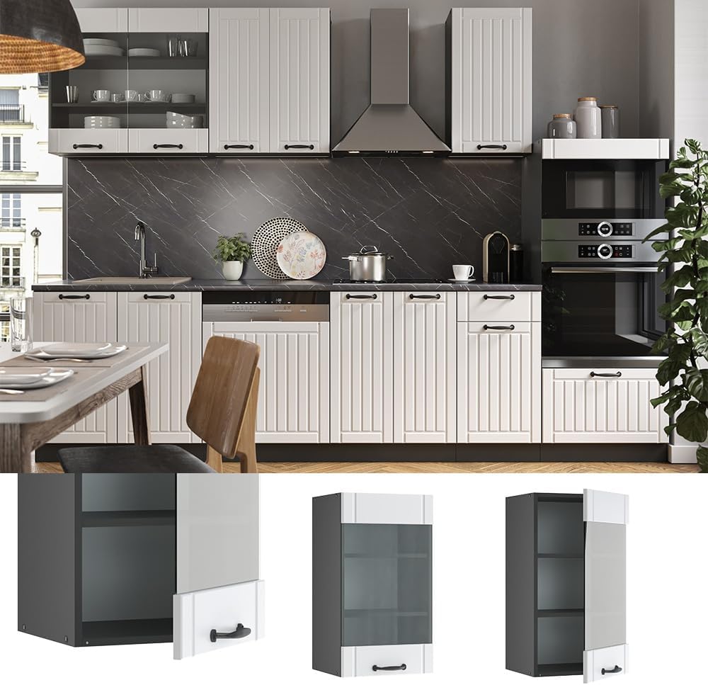 Vicco Küchenglasschrank Fame-Line, Glashängeschrank, Weiss Landhaus/Anthrazit, 40 cm Weiss Landhaus
