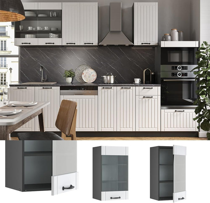 Vicco Küchenglasschrank Fame-Line, Glashängeschrank, Weiss Landhaus/Anthrazit, 40 cm Weiss Landhaus