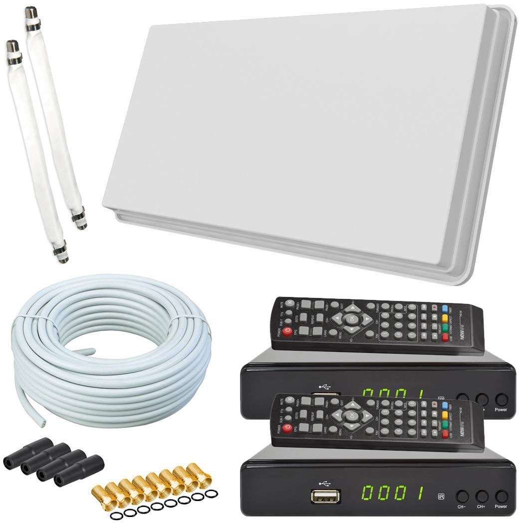netshop 25 Set: Selfsat H30D2+ Flachantenne Twin + 2 HD Receiver + 20m Kabel + Fensterhalterung + 2