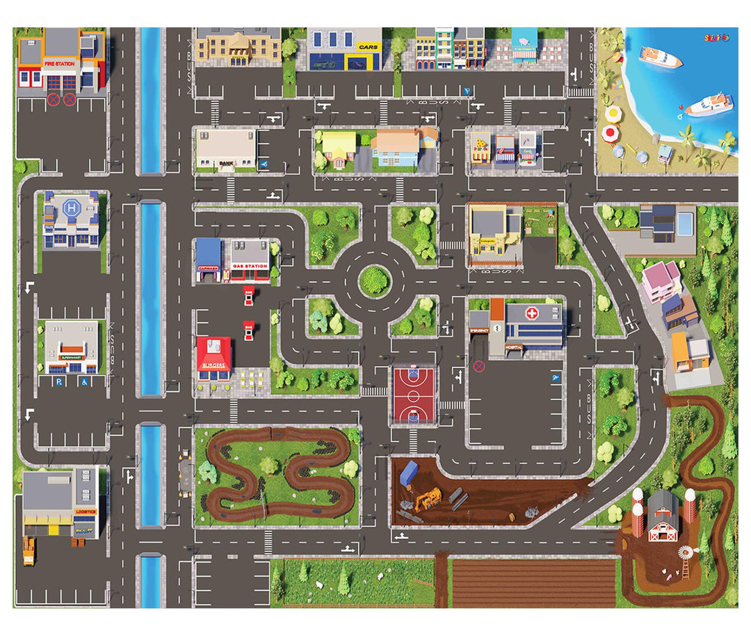 Kinder Spielteppich Strasse & Auto (200x160 cm) - abwaschbar, rutschfest &-zertifziert - Teppich Jun