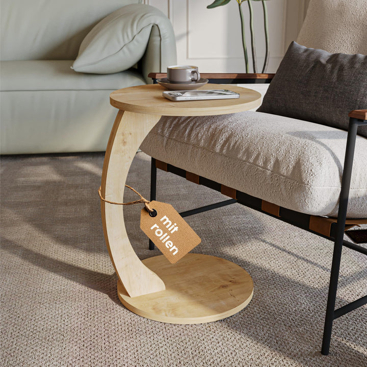 sugodesign Couchtisch mit Rollen, Kleiner Beistelltisch C Form, stylischer Sofatisch in schöner Eich