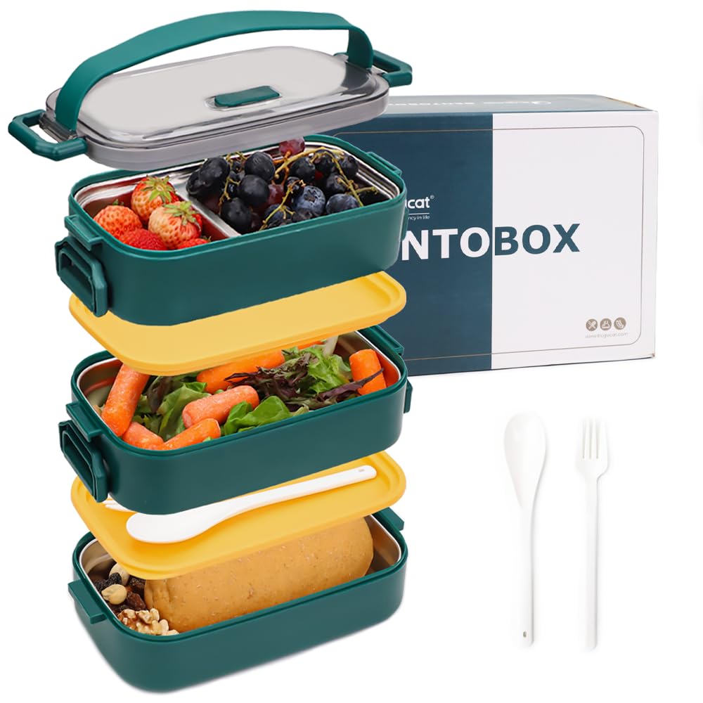 Bugucat Lunchbox Edelstahl 1700ML,Bento Box Brotdose Auslaufsicher Luftdichte Brotzeitbox mit Fächer