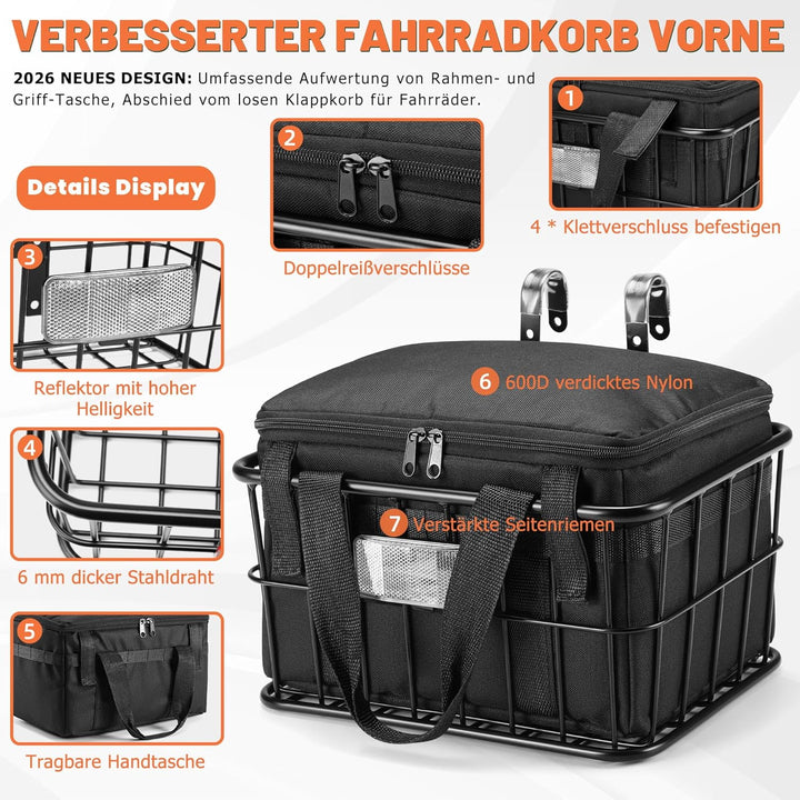CDYWD Fahrradkorb Vorne für mit Herausnehmbarer Innentasche, Gross Lenkerkorb Fahrrad Herren &amp; Damen