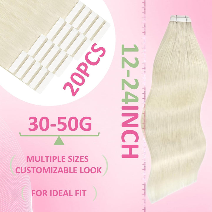 YoungSee Tape in Extensions Platinblond 40 cm Tape Extensions Echthaar Blond Skin Weft Extensions Ec
