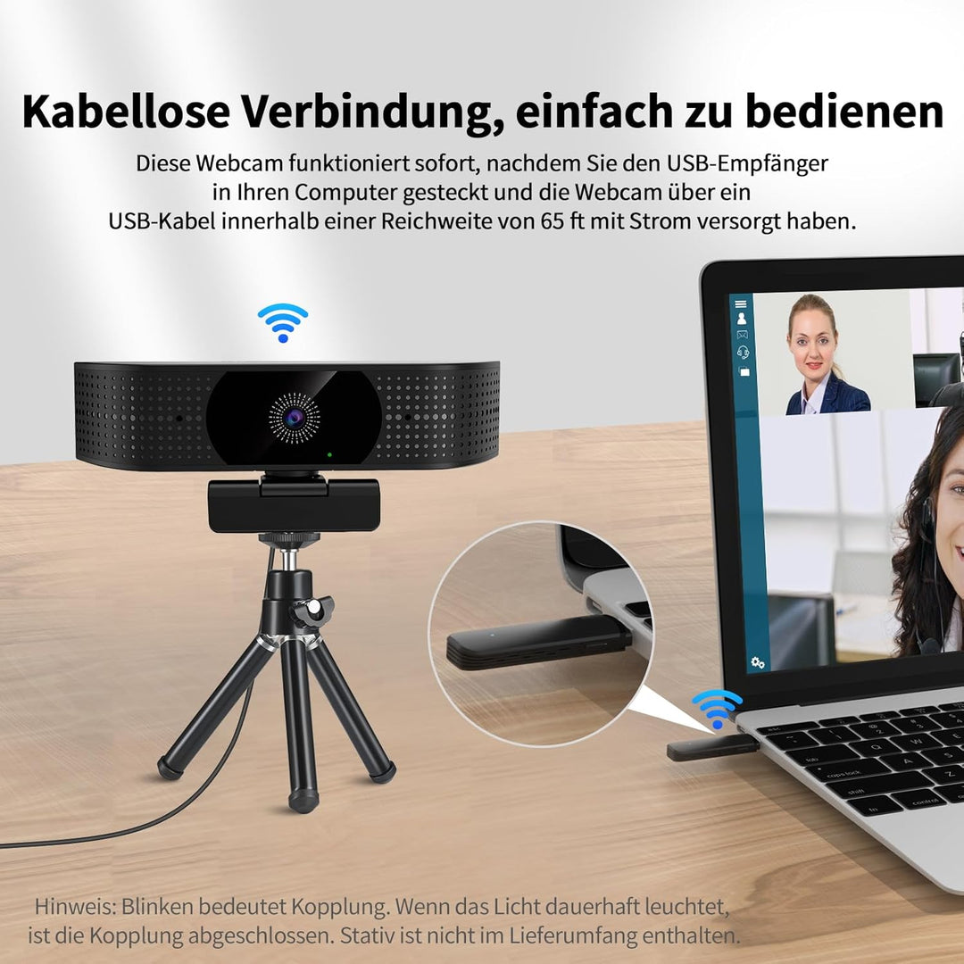 1080P Wireless Webcam für PC, Webcam mit geräuschreduzierendem Mikrofon, 92°FOV, 360° Drehung, Plug