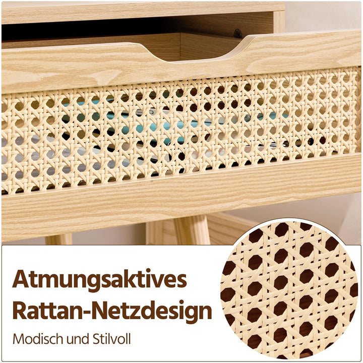 Yaheetech Nachttisch Rattan Beistelltisch Nachtkommode mit 1 Schublade Holzbeine Sofatisch Nachtschr