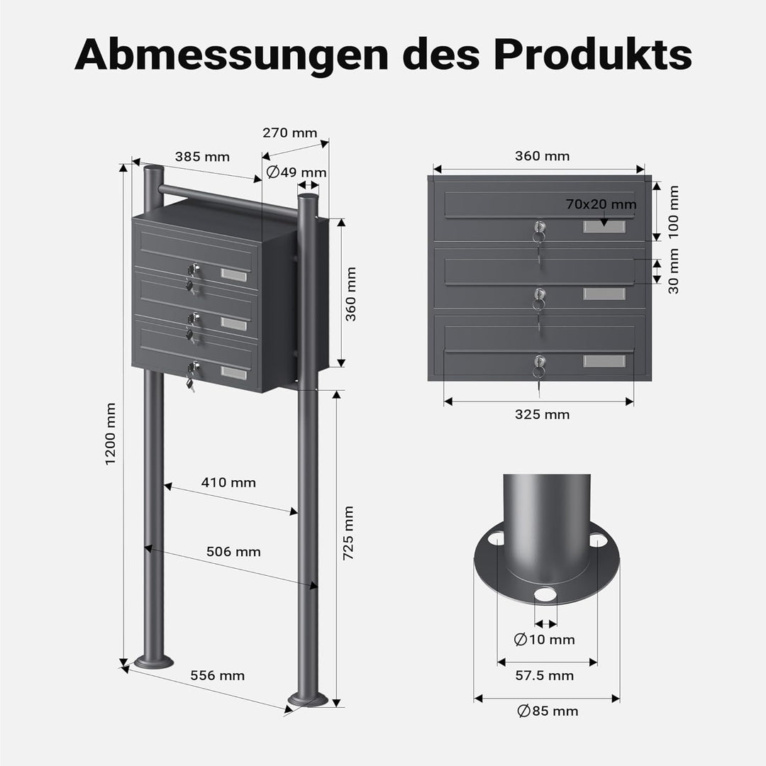Wiltec 3er Briefkastenanlage Anthrazit 512 x 270 x 1150 mm, Standbriefkasten mit 3 Fächern, Schlüsse