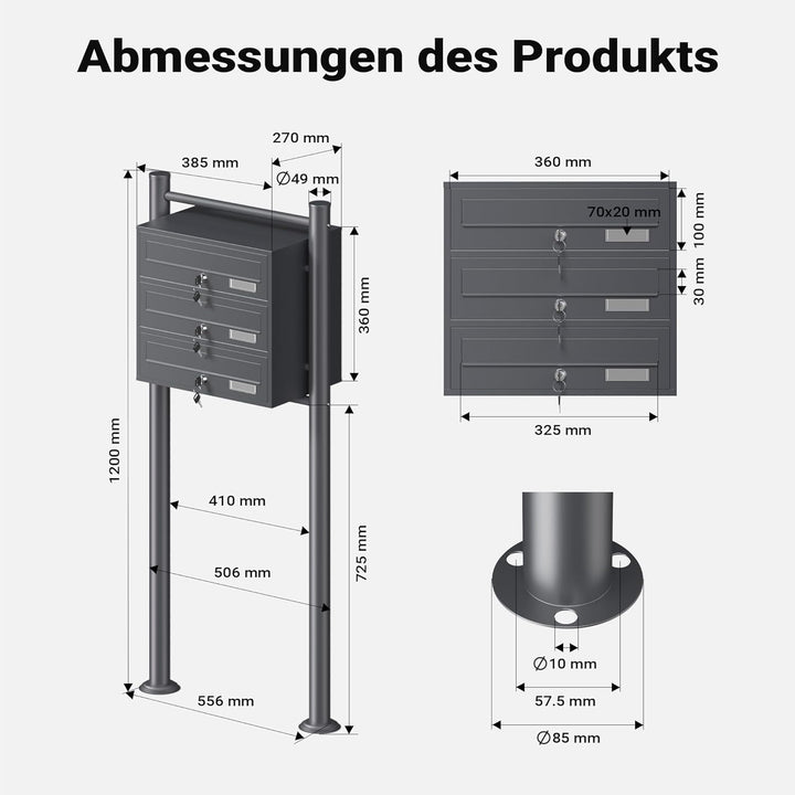 Wiltec 3er Briefkastenanlage Anthrazit 512 x 270 x 1150 mm, Standbriefkasten mit 3 Fächern, Schlüsse