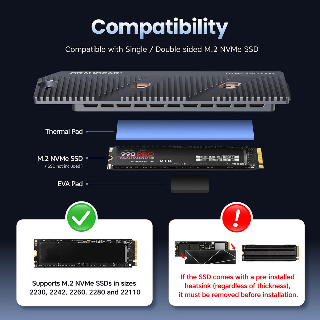 GRAUGEAR PS5 Pro/PS5 Slim M.2 SSD Kühlkörper mit Heatpipe, integriertem Kupfer-Heatpipe und Aluminiu