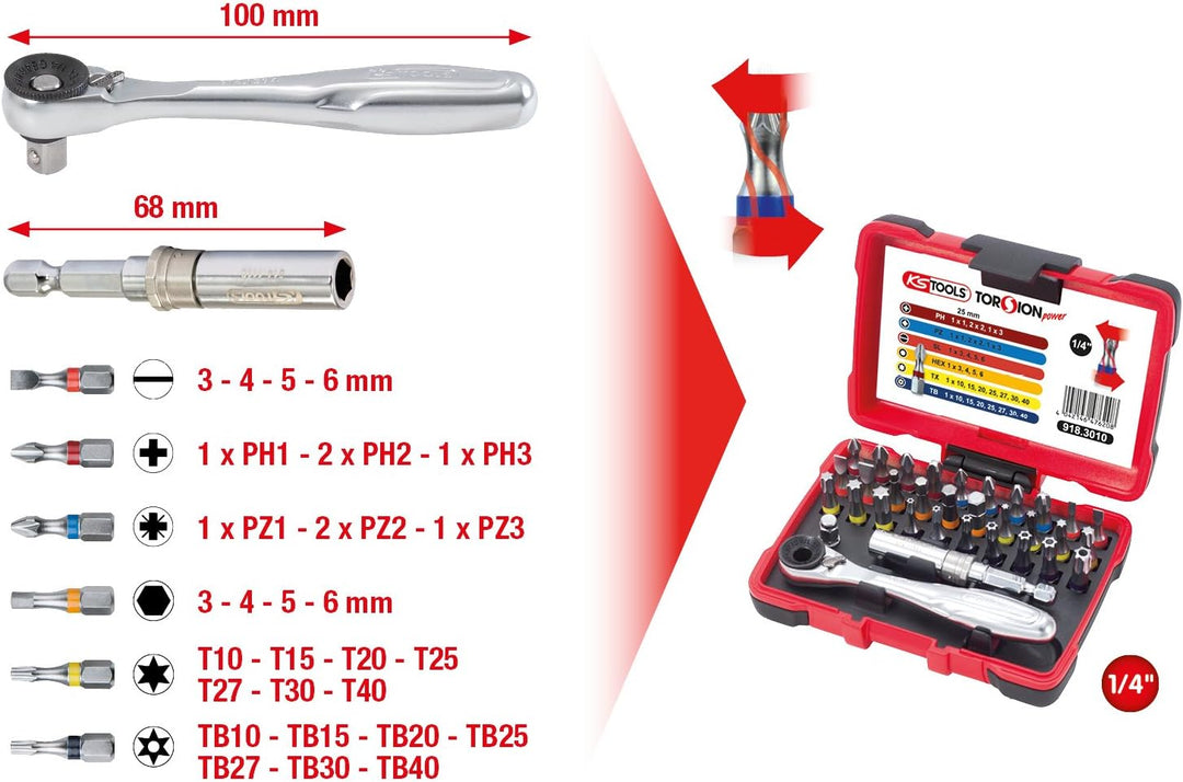 KS Tools 918.3010 1/4" TORSIONpower Bit-Box, 32-teilig, Bitbox für Handbetätigung und Elektroschraub