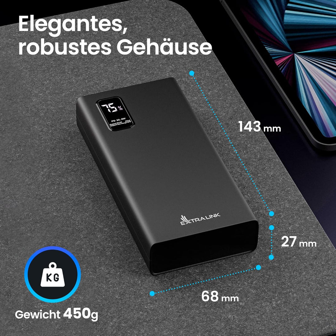Powerbank 20000mAh Powerbank Schnellladefunktion bis zu 22,5W Power Bank USB C Micro-USB Robustes Ge