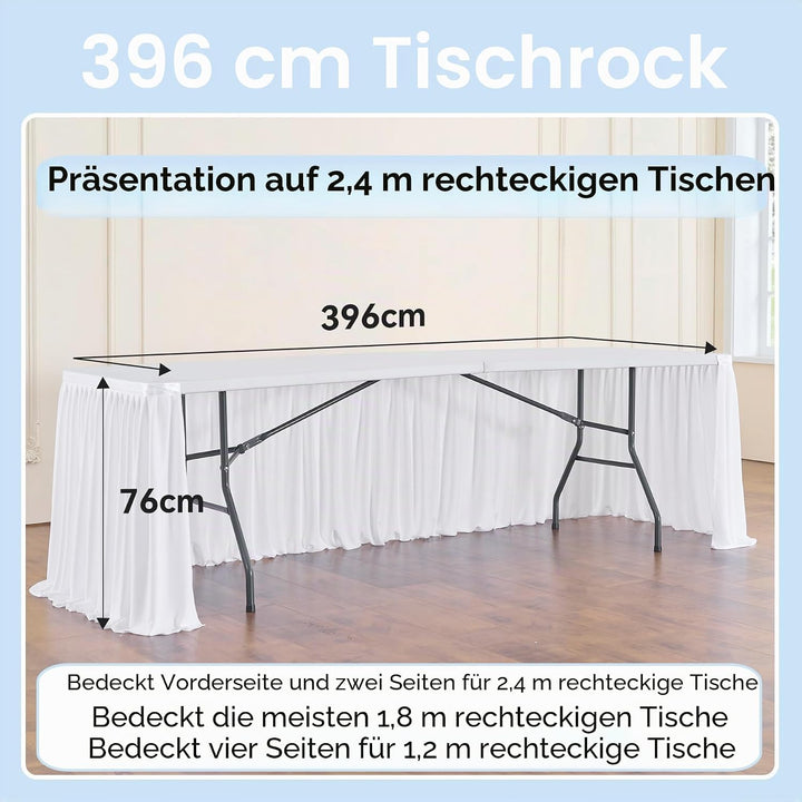 396cm White Polyester Table Skirts for Rectangle Tables, Wrinkle Free Ruffle Pleats Cloth Table Skir