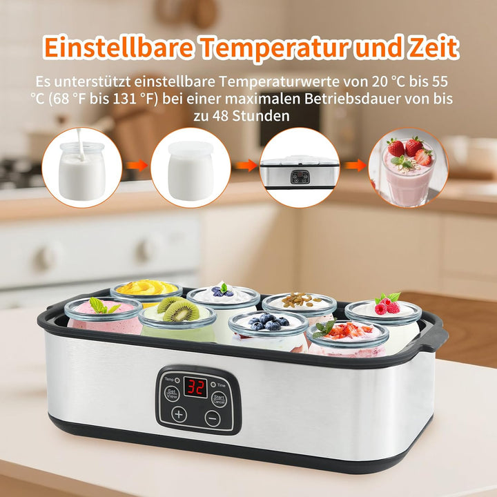 Joghurtbereiter, Digitaler Yogurt Maker, 8 Glasbehälter à 180 ml für bis 1.5L, Griechischer Joghurtm