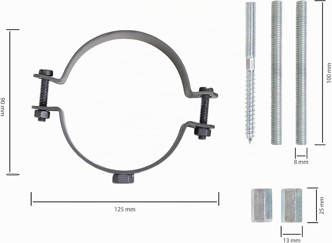 LANZZAS Pelletrohr Halter/Schellen-Set für den Durchmesser 80 mm - Farbe: schwarz - mit Schrauben un