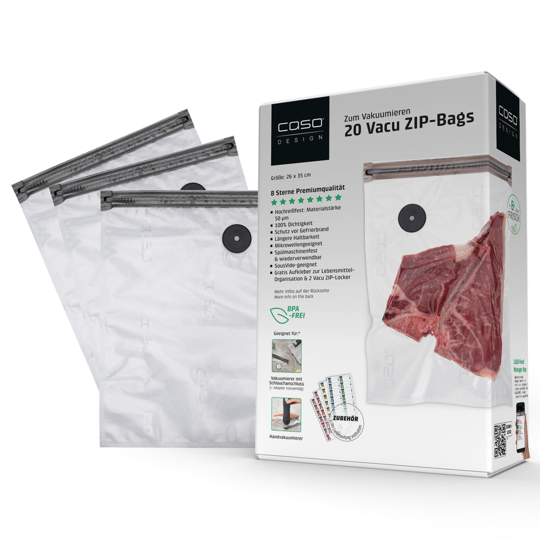 CASO Vacu ZIP-Bags 26x35 cm, 20 Beutel, SousVide geeignet, BPA Frei, mit 150 µm besonders stark, rei