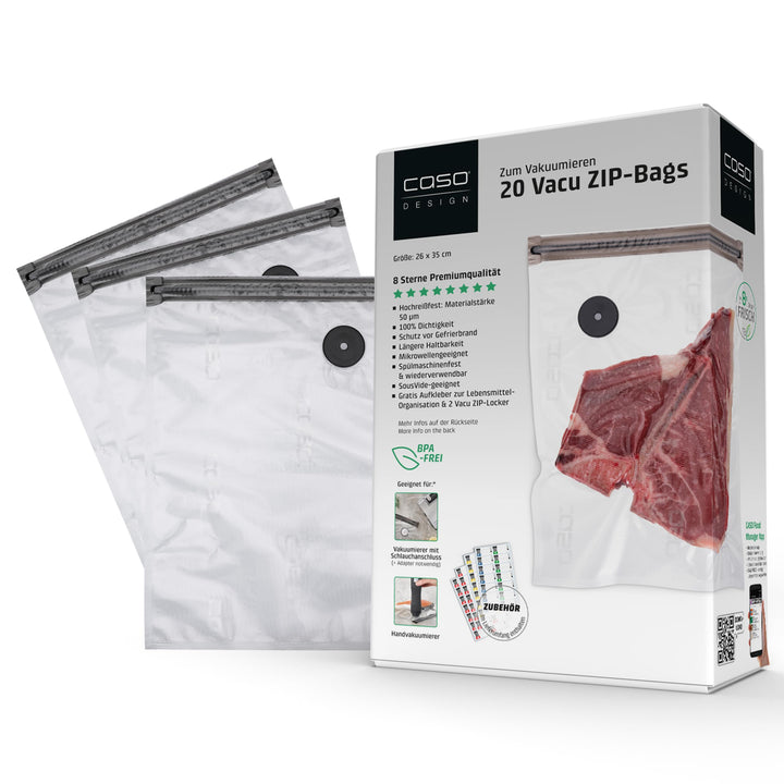 CASO Vacu ZIP-Bags 26x35 cm, 20 Beutel, SousVide geeignet, BPA Frei, mit 150 µm besonders stark, rei