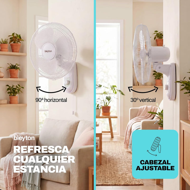 BLEYTON Leiser Wandventilator Weiss 40W CLASSIC WALL | Wandventilator mit Zugschalter, 90° Oszillati