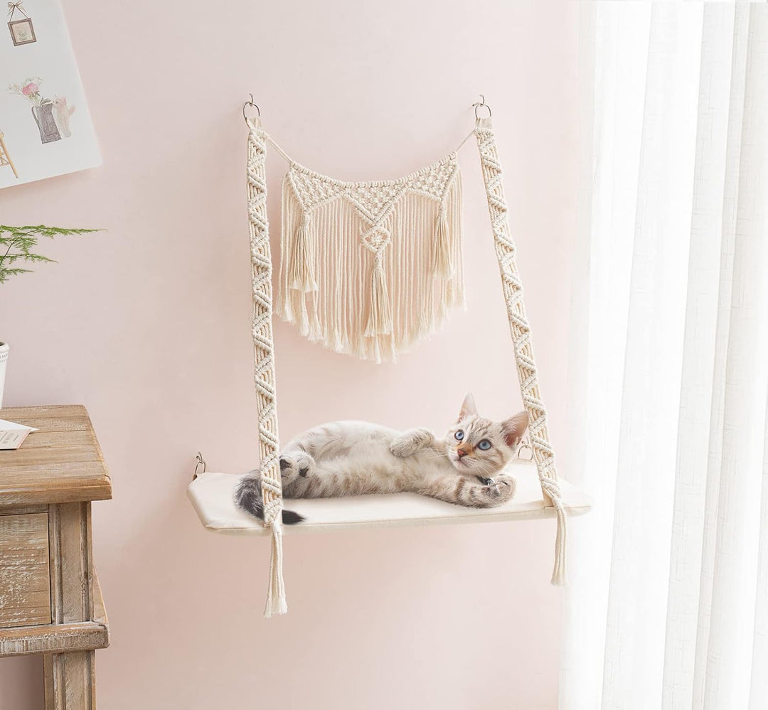 Dahey Katzen-Fensterstange, Makramee-Katzen-Hängematte, Boho-Wandmontage, Haustier-Ruhesitz, Bett fü