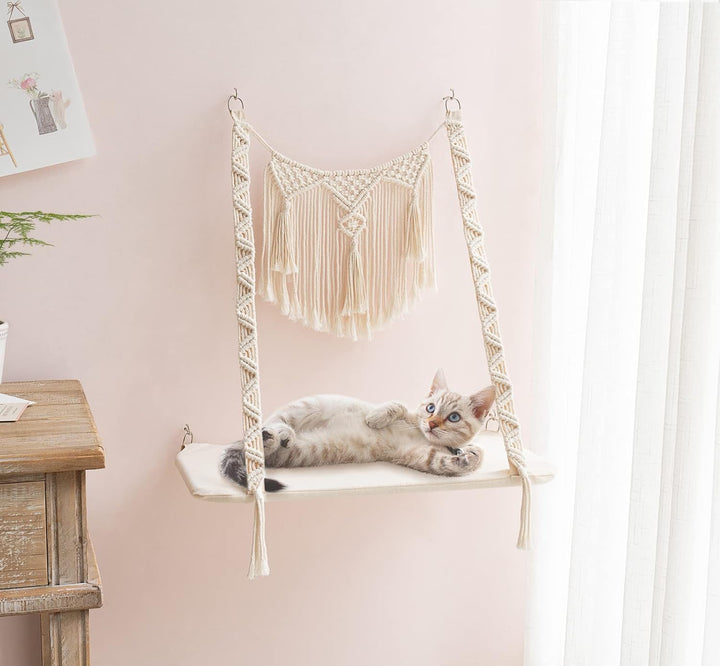 Dahey Katzen-Fensterstange, Makramee-Katzen-Hängematte, Boho-Wandmontage, Haustier-Ruhesitz, Bett fü