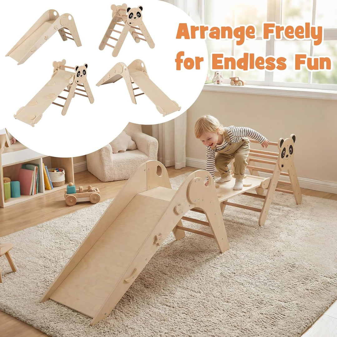 FANTASK Kletterdreiecke Indoor 3er Set, Klappbares Klettergerüst Holz mit Rutsche, Rampe & Kletterle