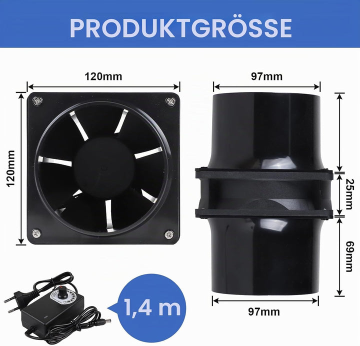CPROSP Abluftventilator 100mm mit Geschwindigkeitsregler, Rohrventilator, Rauchabzug Ventilator mit