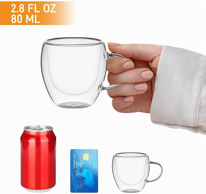 Espressotassen 80ml, 4er Set Espresso Gläser, doppelwandige Espressotassen Glas mit Henkel Kaffeetas