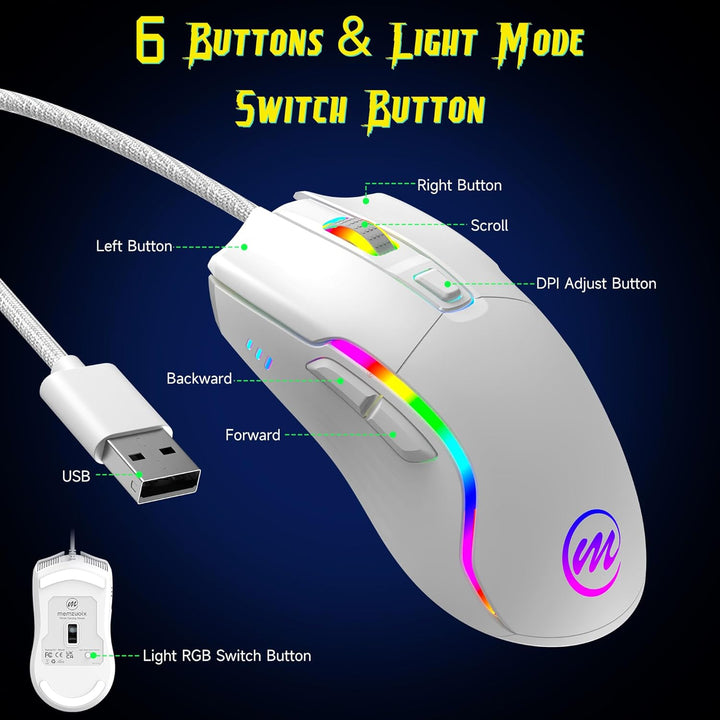 memzuoix Gaming Maus mit Kabel und LED-Lichtern – 12.800 DPI einstellbar, 6 Tasten, 12 RGB-Modi, Erg