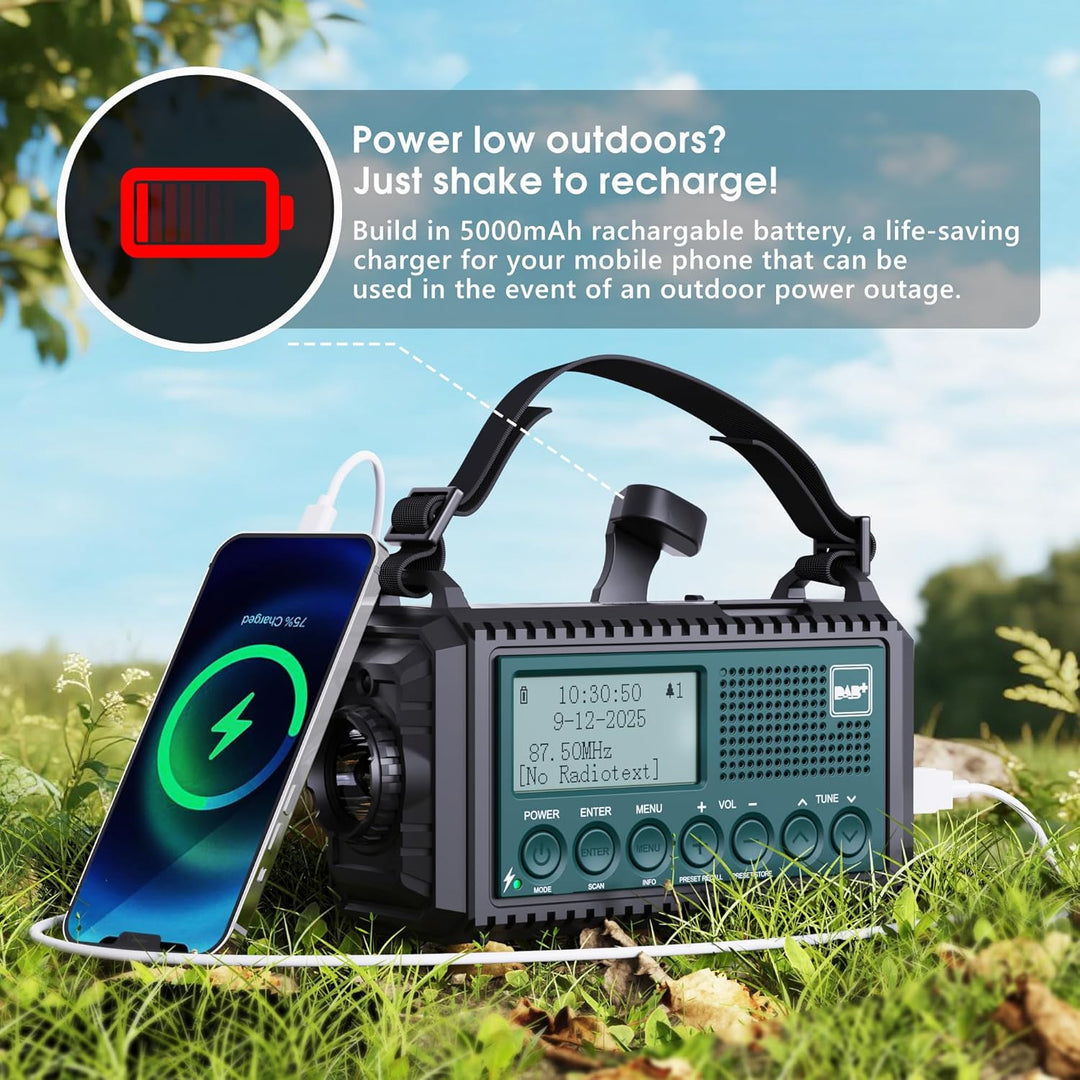 Kurbelradio DAB/DAB+/UKW, Baustellenradio Radio Batteriebetrieben, Tragbare Solar Notfallradio mit 5