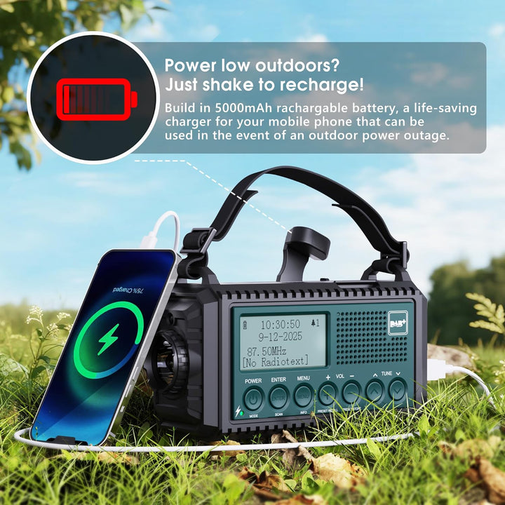 Kurbelradio DAB/DAB+/UKW, Baustellenradio Radio Batteriebetrieben, Tragbare Solar Notfallradio mit 5