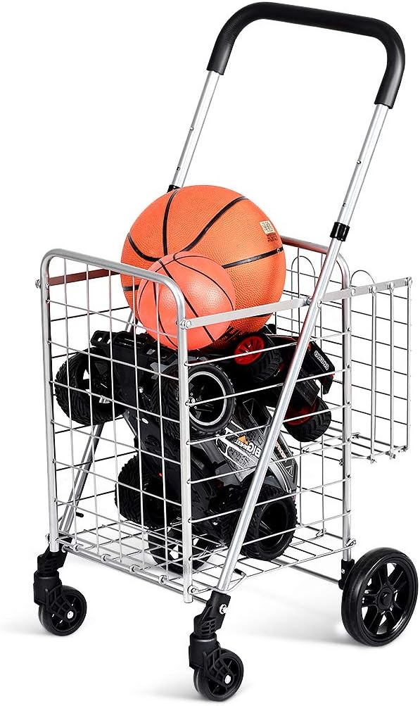 GOPLUS Klappbarer Einkaufswagen, Einkaufstrolley mit Verstellbarem Griff &amp; 4 Universalrädern, Rollwa